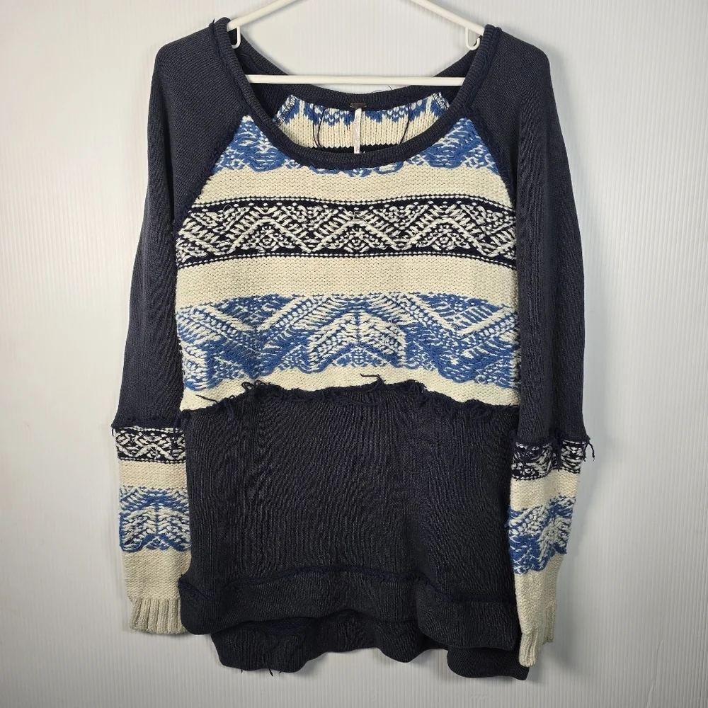 Free People Blue Aztec Tribal Soft Boho Snow Angel Angora Rabbit Hair Sweater S